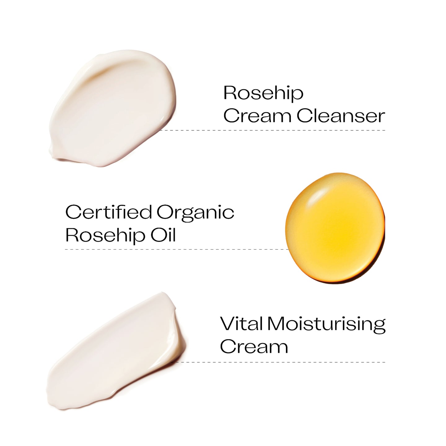 Skincare products including Rosehip Cream Cleanser, Certified Organic Rosehip Oil, and Vital Moisturising Cream on a white background.