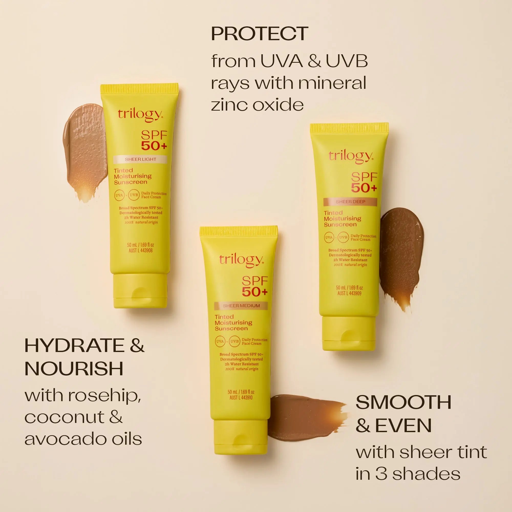 SPF 50+ Sheer Tinted Moisturising Sunscreen, 50mL Trilogy Natural Products